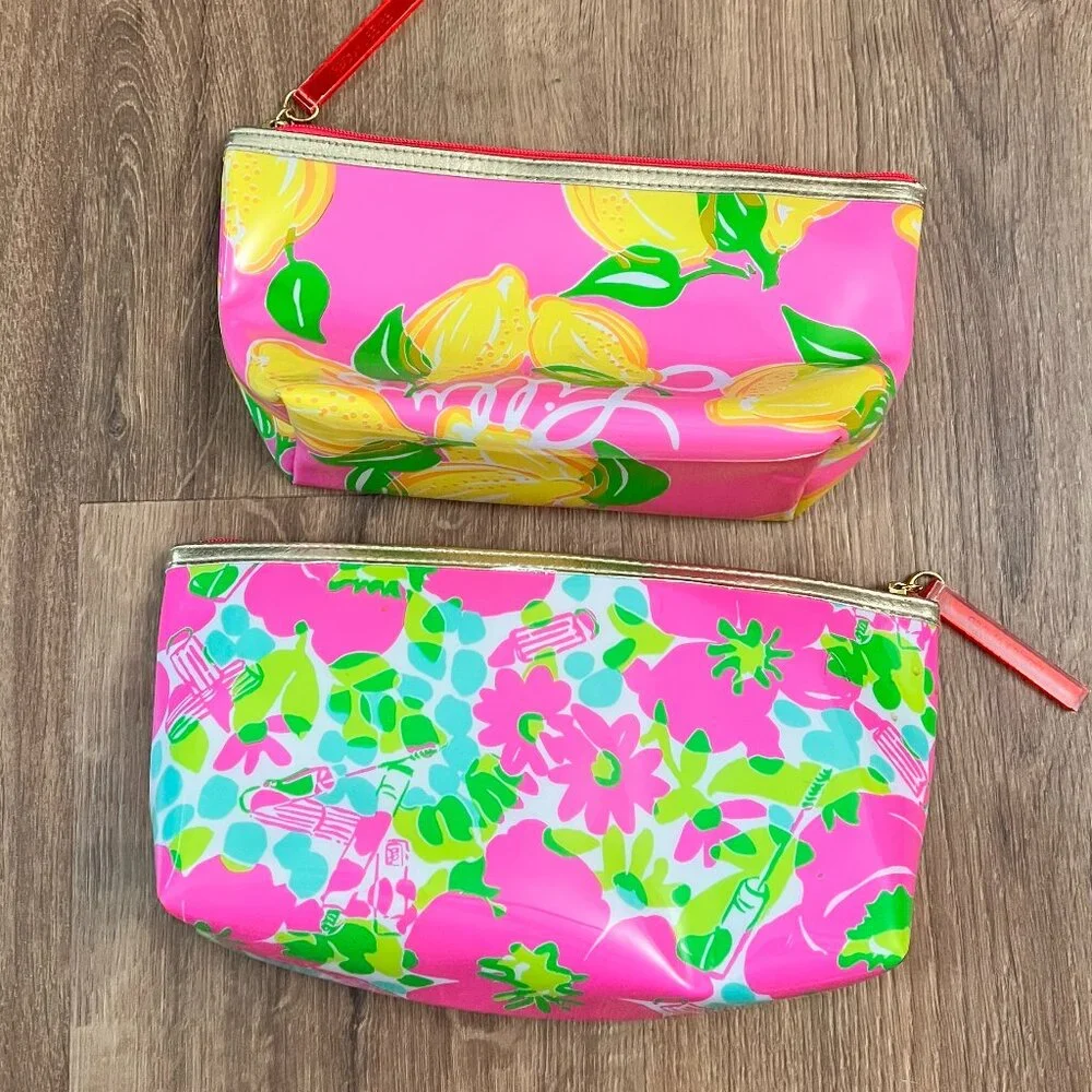 Lilly Pulitzer for Estee Lauder Pink Lemon Floral Makeup/Cosmetic Bag Bundle